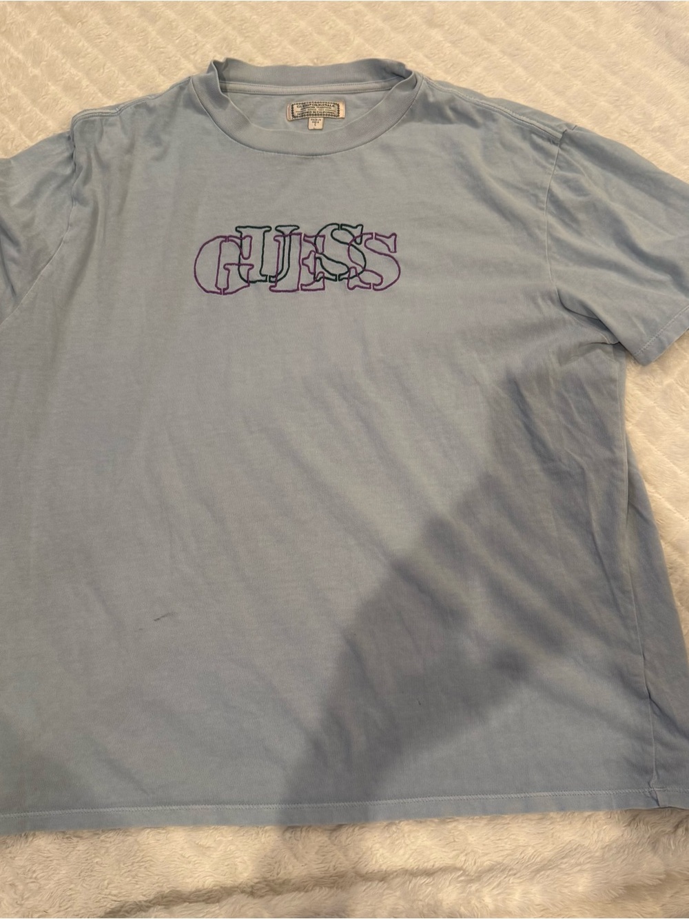 GUESS Light Blue Short-Sleeve Tee with Purple Outline Logo